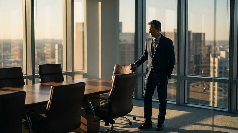Senior executive standing alone in an empty boardroom with late afternoon light casting long shadows - the ambiguity of arrival or departure