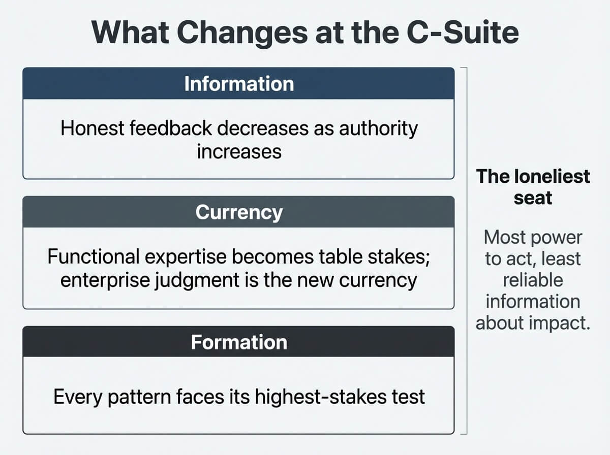 Vertical diagram showing three things that change at the C-suite: information, currency, and formation