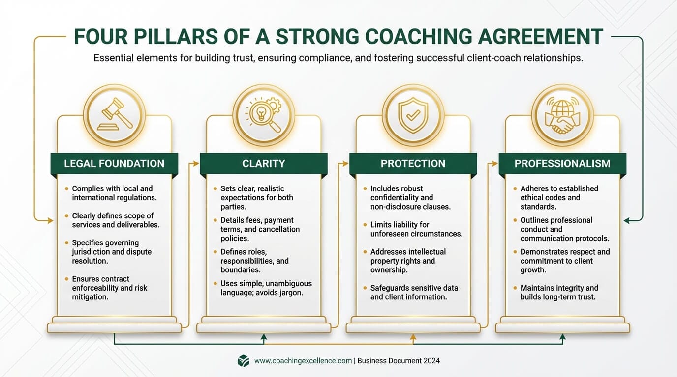 Four pillars of an effective coaching agreement: legal foundation, clarity, protection, and professionalism