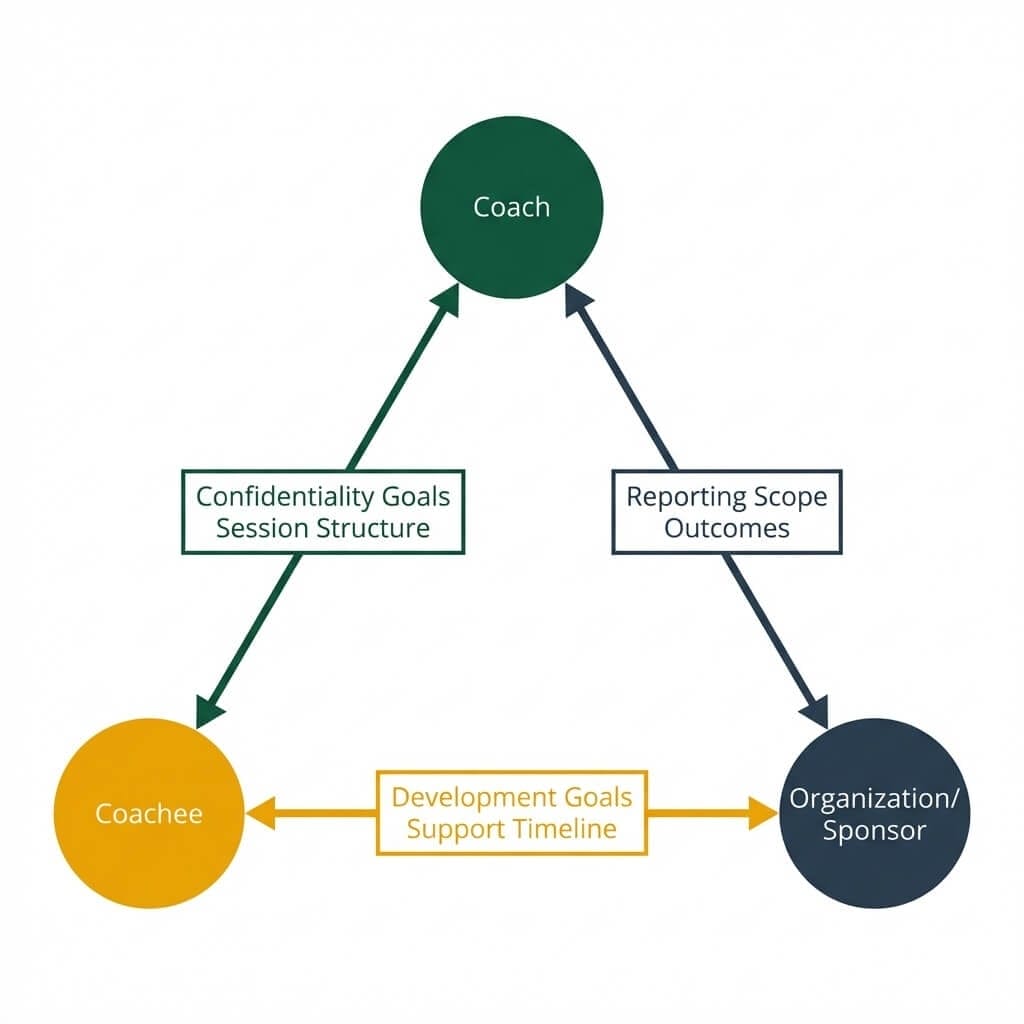 Triangle agreement diagram showing the three-party coaching relationship between coach, coachee, and sponsoring organization