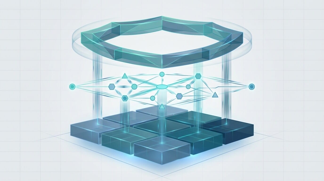 Layered organizational infrastructure visualization with three tiers: a solid foundation layer, a middle network of interconnected nodes representing shared ethical frameworks, and a top protective boundary representing coaching standards