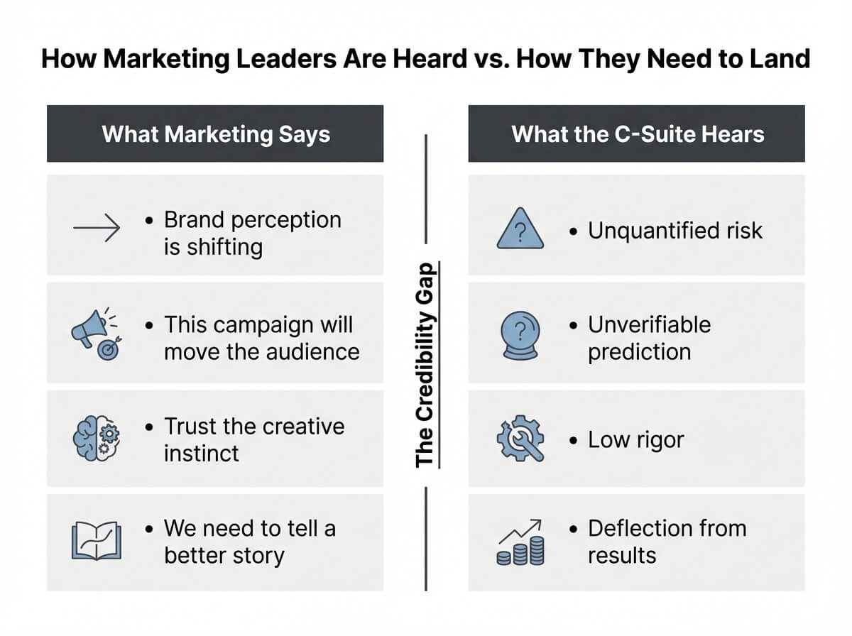 Diagram showing how marketing language is received in the C-suite versus how it needs to land, illustrating the credibility gap
