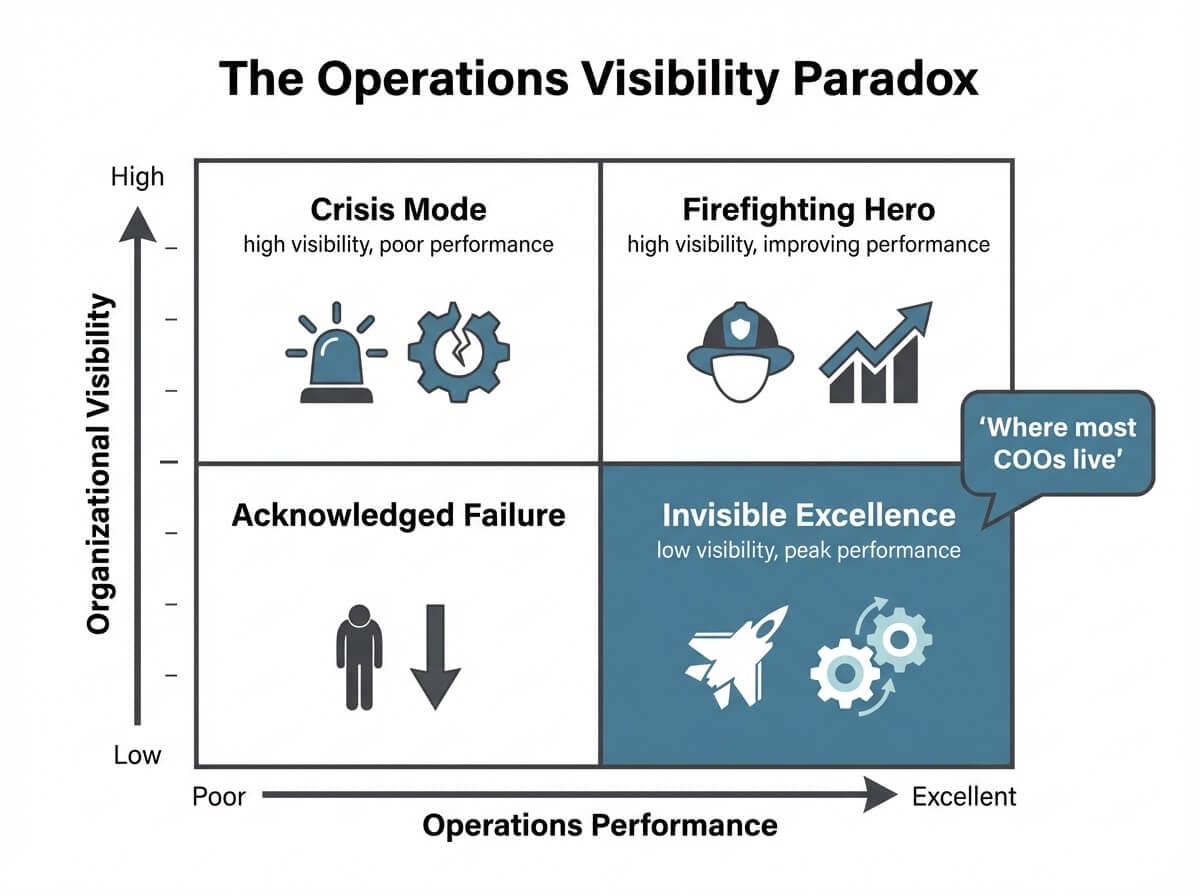 Matrix diagram illustrating the operations visibility paradox where peak performance produces the lowest organizational visibility