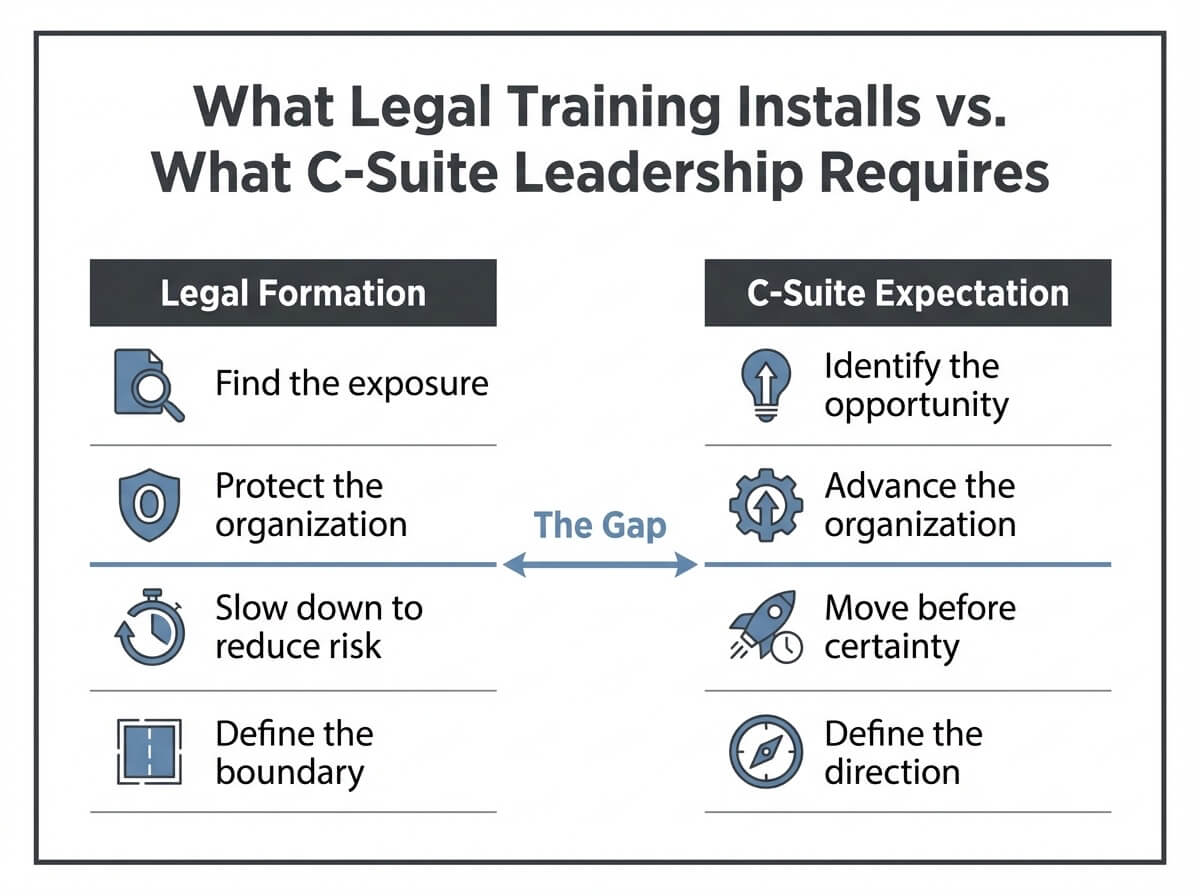 Diagram comparing what legal training installs against what C-suite leadership requires, illustrating the gap between protection and direction