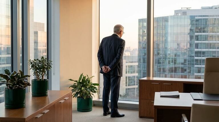 A senior executive standing at a window in a quiet, organized office - restlessness despite the stillness of a room with no crisis to solve