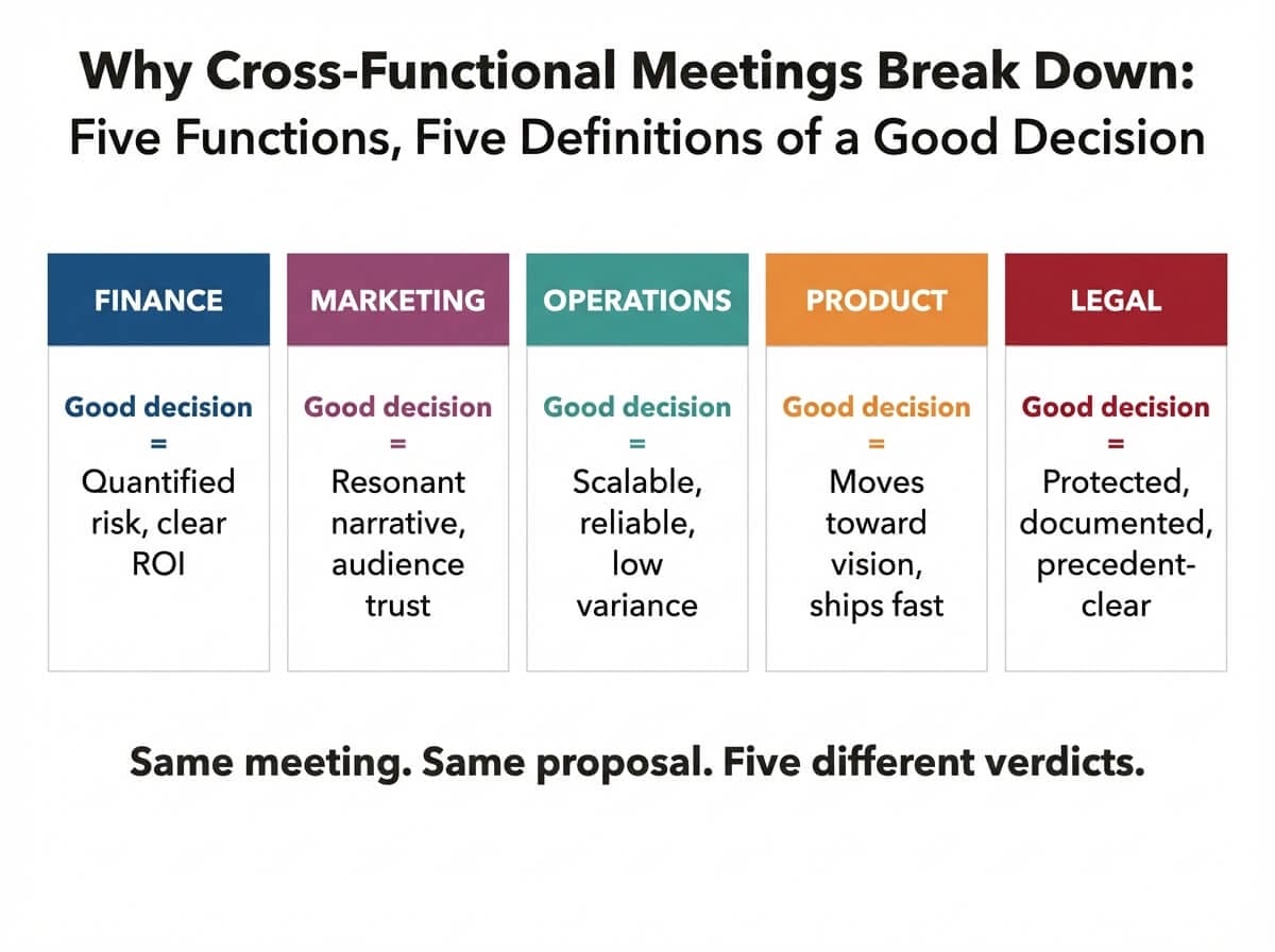 Diagram showing five functional definitions of a good decision side by side, illustrating why cross-functional meetings produce conflict even when everyone is acting in good faith