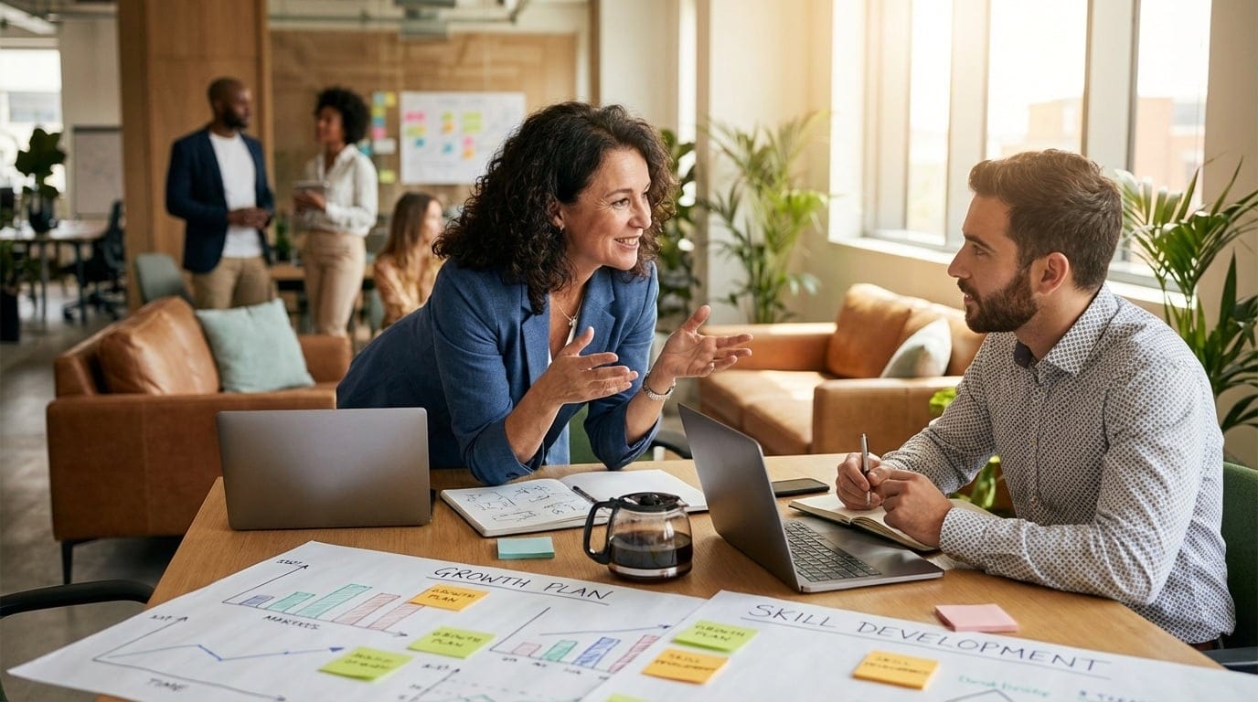 A leader and team member in a development conversation at a collaborative workspace