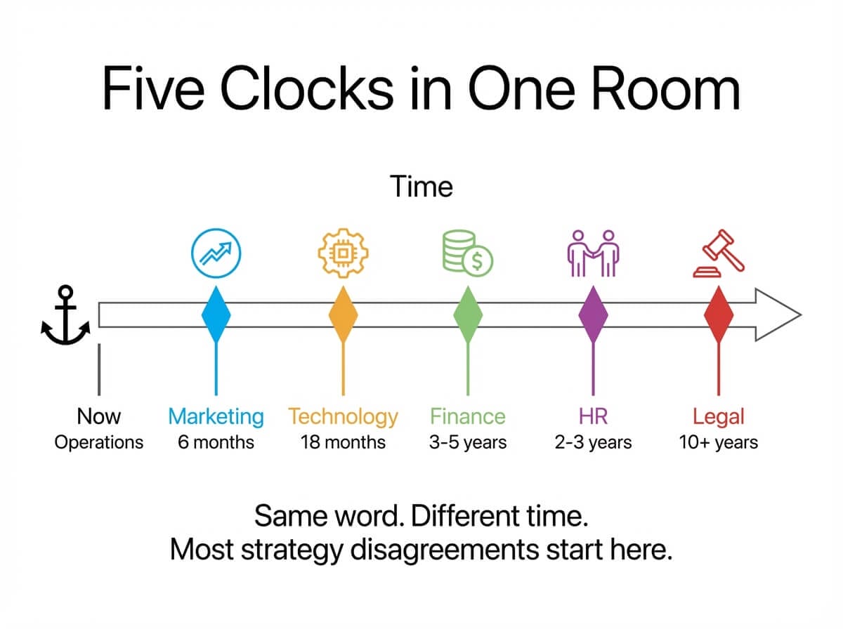 Timeline showing five different formation time horizons from 6 months to decades