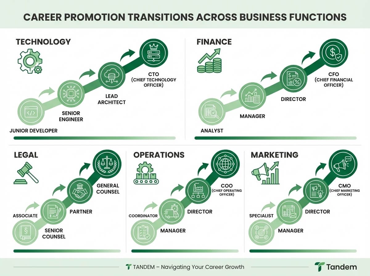 What think more strategically actually means for five different career functions: Technology, Finance, Legal, Operations, and Marketing