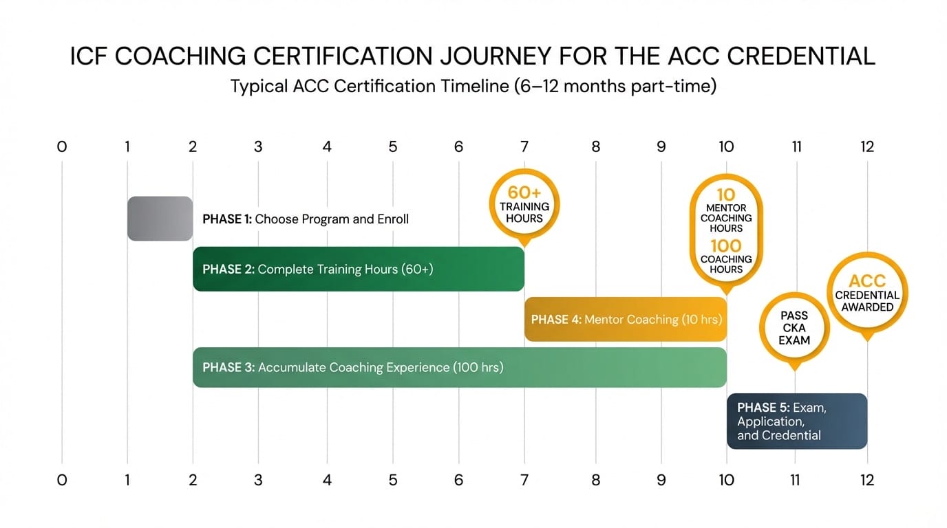 Timeline showing ICF ACC certification steps across 12 months with overlapping training, coaching experience, and mentor coaching phases