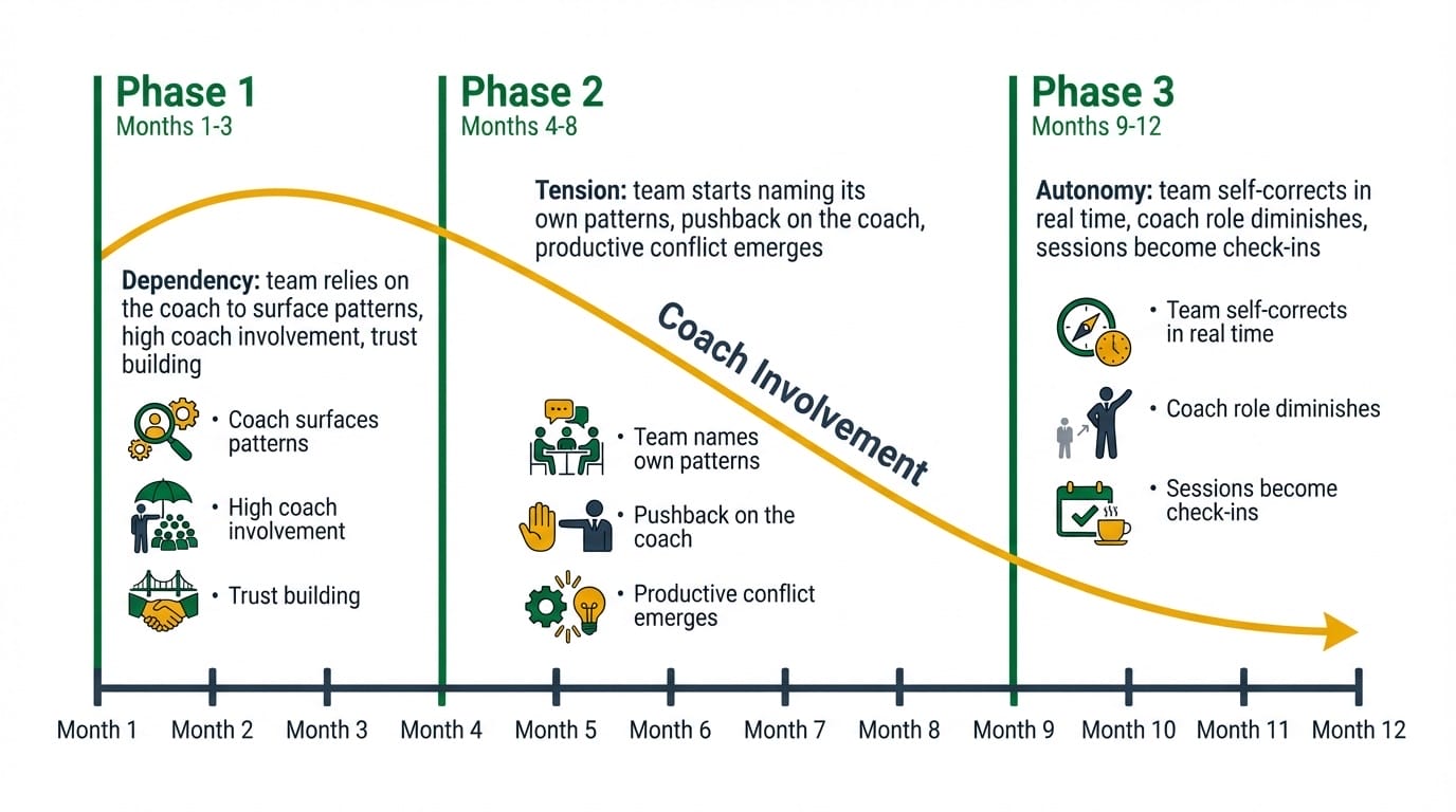 Timeline showing the team coaching engagement arc across three phases from dependency through tension to team autonomy over approximately 12 months