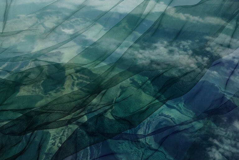 Abstract visualization of strategic altitude versus tactical depth - layered translucent planes in green and navy tones