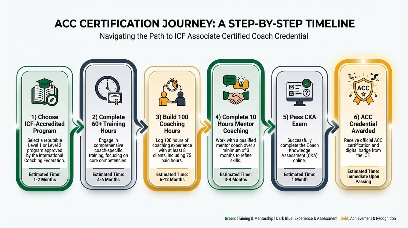 Timeline showing the six steps to ACC certification from choosing a training program through credential award