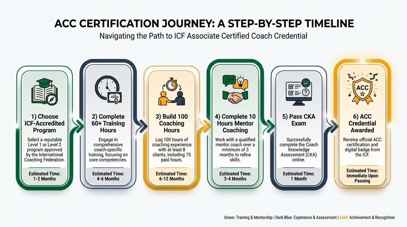 Timeline showing the six steps to ACC certification from choosing a training program through credential award
