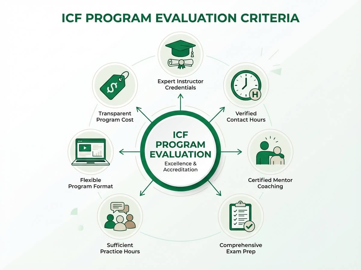 7-step ICF program evaluation framework infographic showing criteria for comparing coaching programs