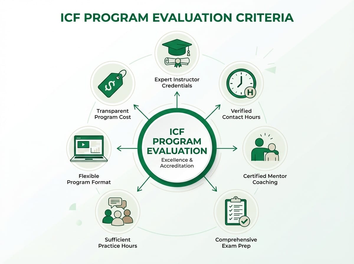 7-step ICF program evaluation framework infographic showing criteria for comparing coaching programs