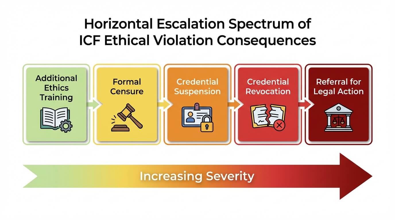 ICF ethical violation consequences spectrum from additional training to credential revocation