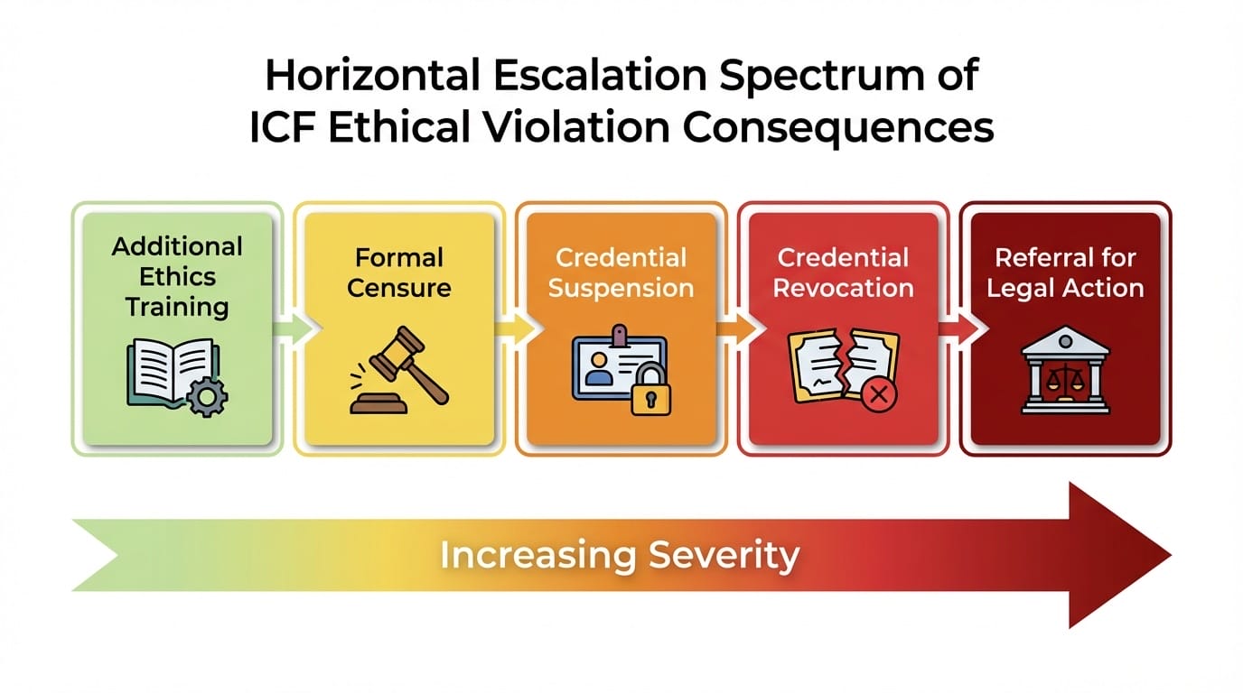 ICF ethical violation consequences spectrum from additional training to credential revocation