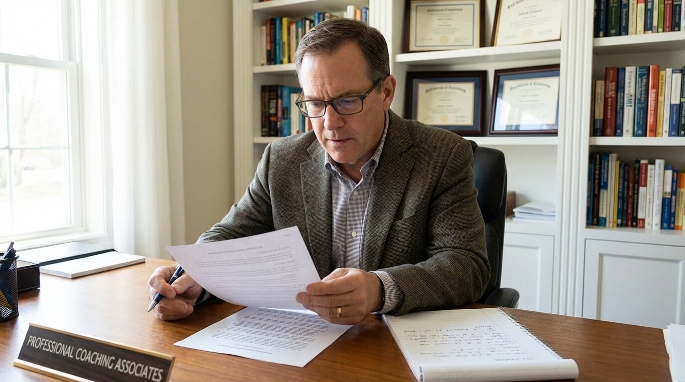 Coach reviewing professional documentation, representing the structured nature of ICF ethical standards