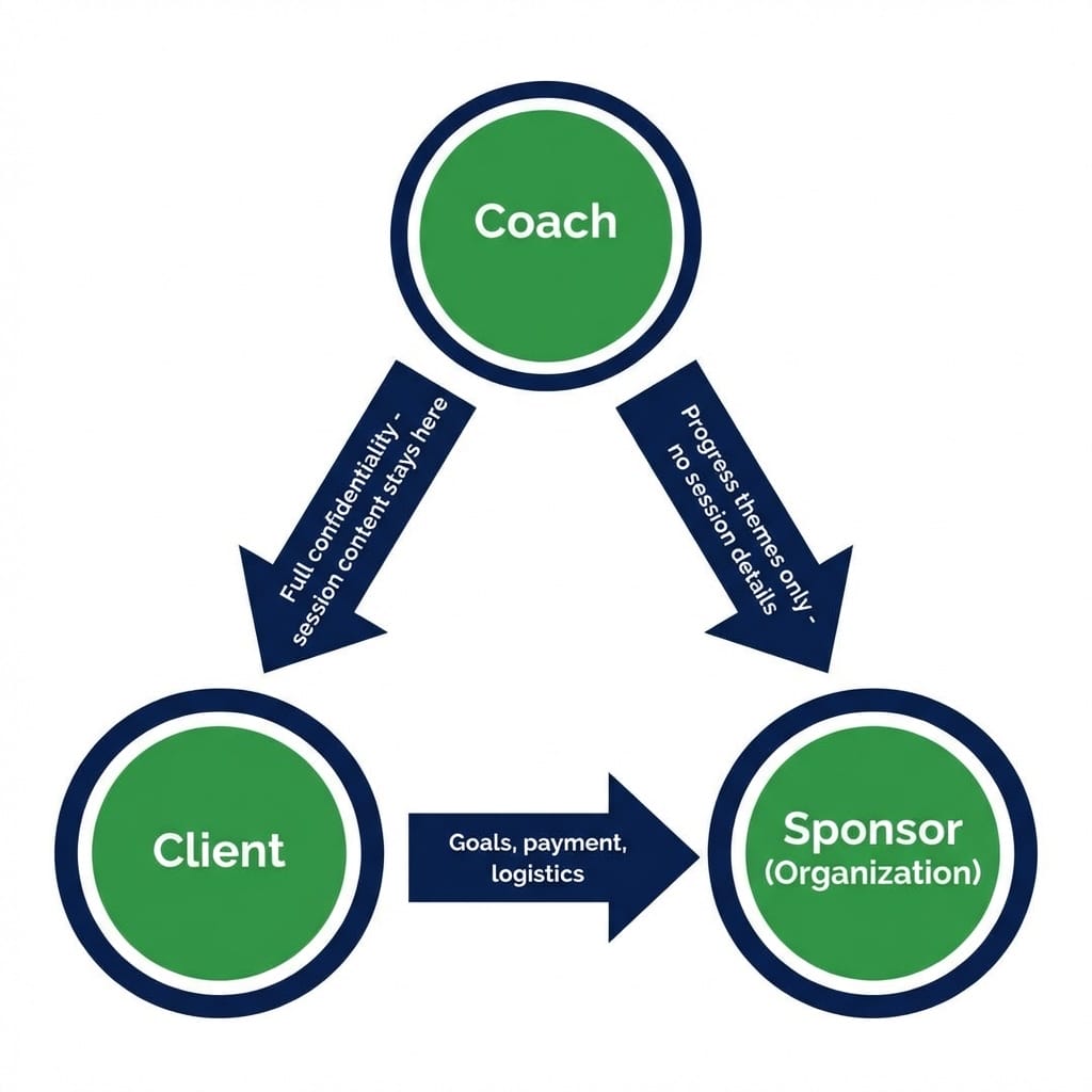 Three-party coaching relationship diagram showing confidentiality boundaries between coach, client, and sponsor