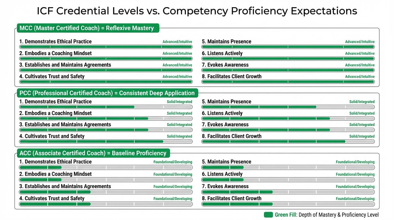 Diagram showing ICF competency proficiency expectations increasing from ACC baseline through PCC consistent application to MCC reflexive mastery