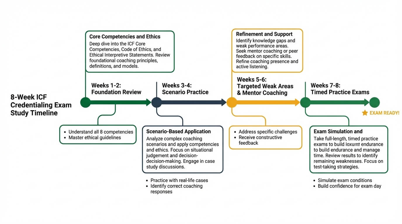 8-week ICF credentialing exam study plan timeline showing four phases from foundation review through timed practice exams