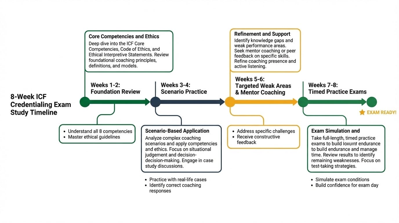 8-week ICF credentialing exam study plan timeline showing four phases from foundation review through timed practice exams