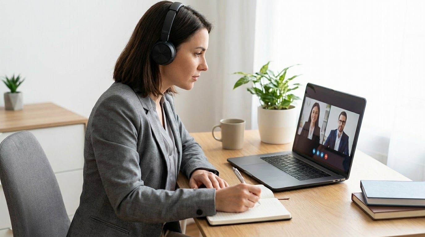 A coach reviewing a recorded coaching session on a laptop as part of PCC assessment preparation