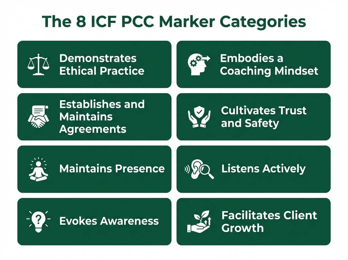 Infographic showing the 8 ICF PCC marker categories: Demonstrates Ethical Practice, Embodies a Coaching Mindset, Establishes and Maintains Agreements, Cultivates Trust and Safety, Maintains Presence, Listens Actively, Evokes Awareness, and Facilitates Client Growth