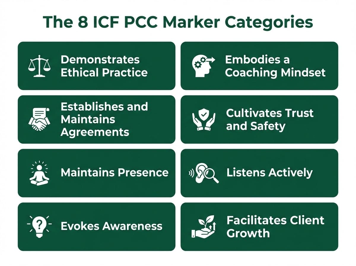 Infographic showing the 8 ICF PCC marker categories: Demonstrates Ethical Practice, Embodies a Coaching Mindset, Establishes and Maintains Agreements, Cultivates Trust and Safety, Maintains Presence, Listens Actively, Evokes Awareness, and Facilitates Client Growth