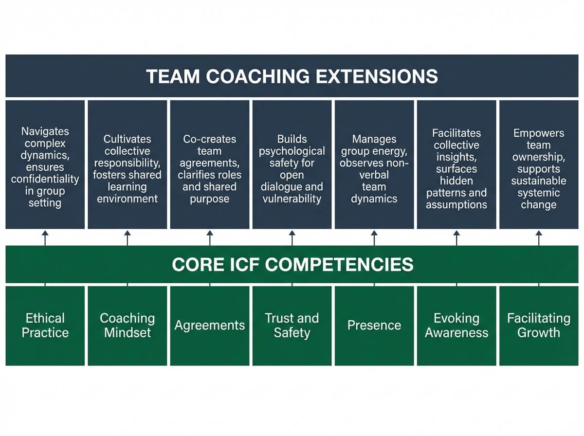 Diagram showing how ICF team coaching competencies extend from the core ICF competency model with behavioral descriptors for each area