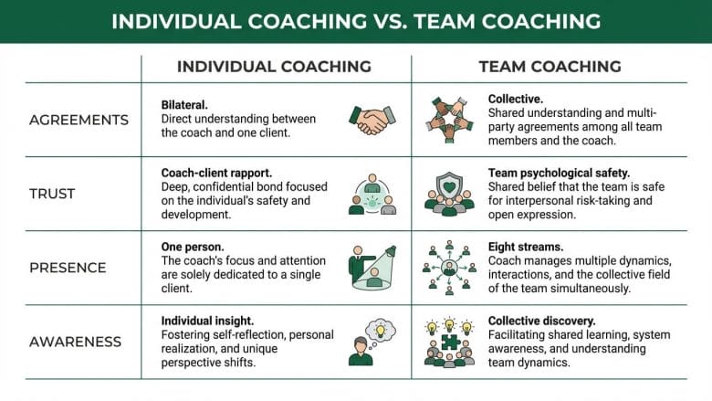 Comparison of how four ICF coaching competencies differ between individual coaching and team coaching contexts