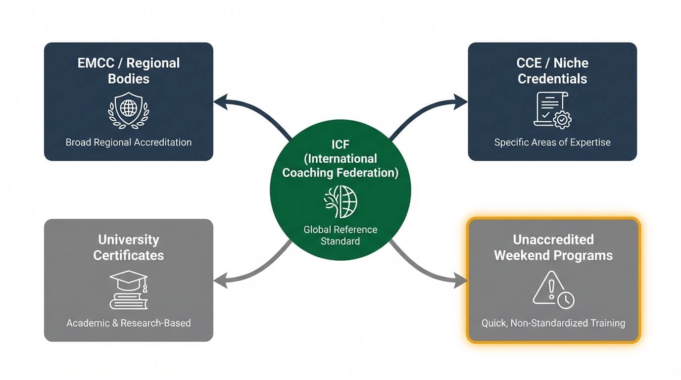 Infographic mapping coaching certification types from ICF-accredited programs to niche and unaccredited options