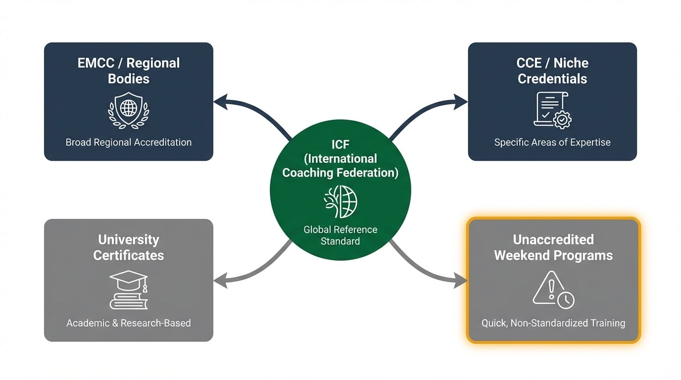 Infographic mapping coaching certification types from ICF-accredited programs to niche and unaccredited options