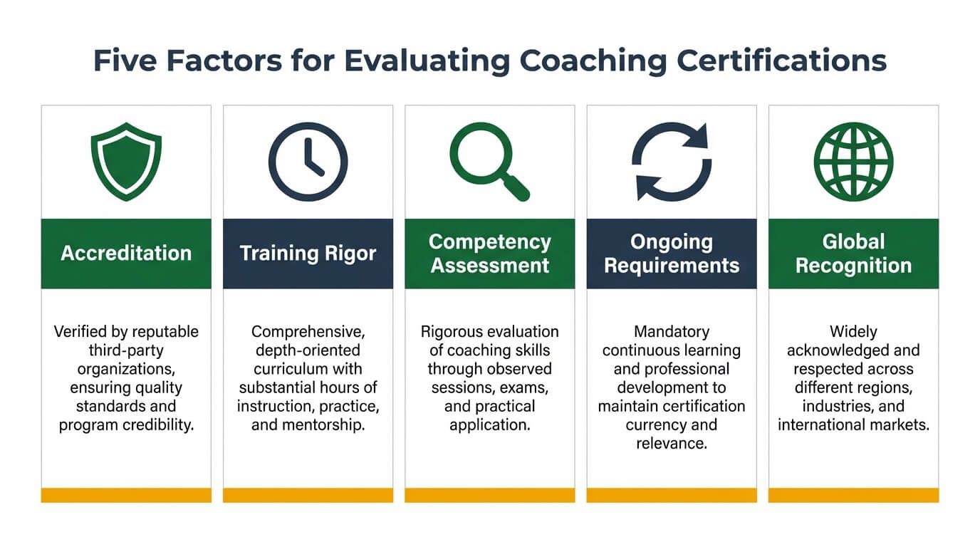 Five-factor framework for evaluating coaching certification programs including accreditation, training rigor, competency assessment, development requirements, and global recognition