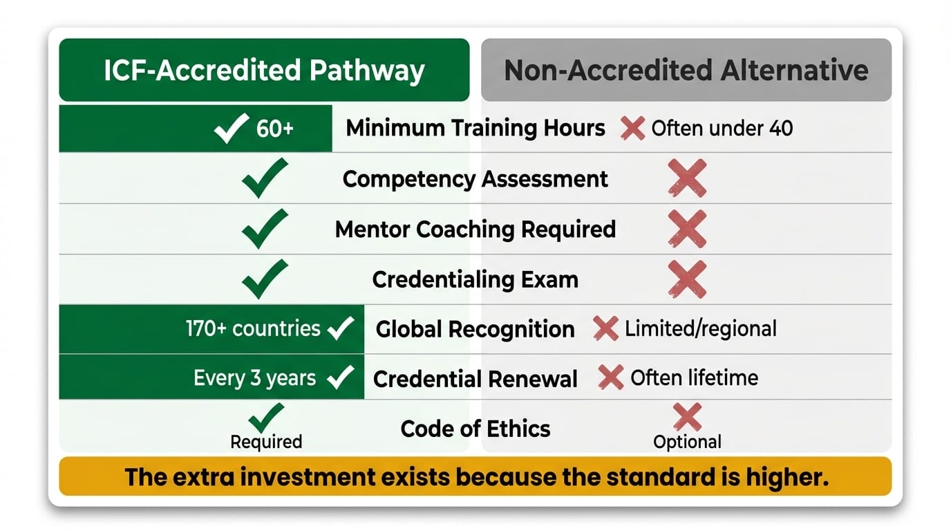 Side-by-side comparison of ICF-accredited versus non-accredited coaching certification requirements and recognition