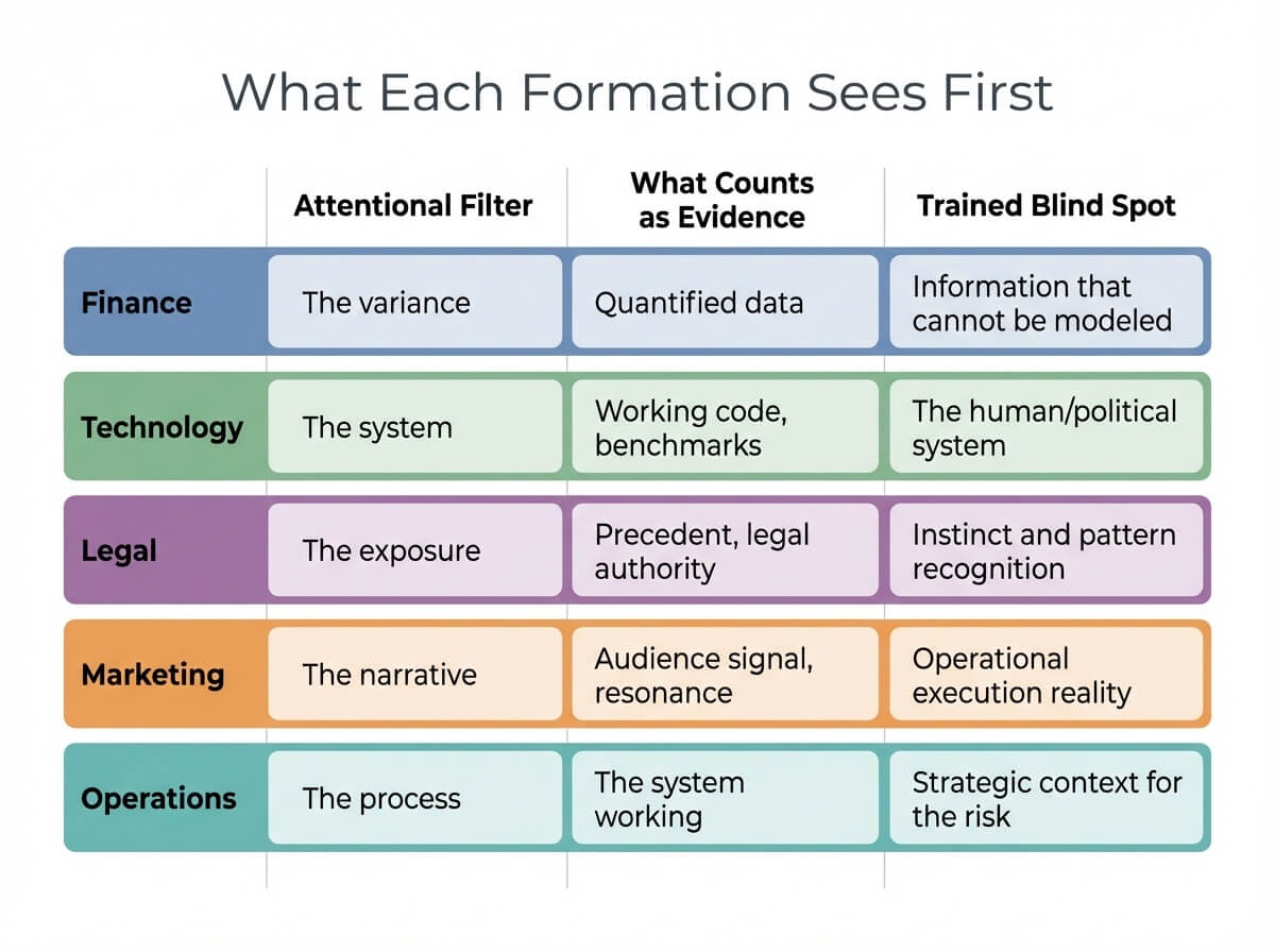 Table showing what five formations notice first, what they trust as evidence, and their trained blind spot