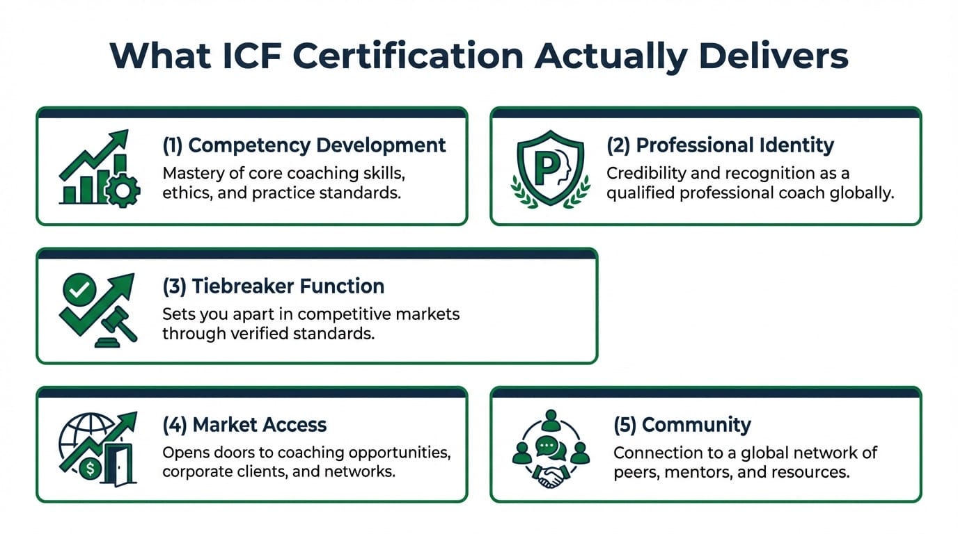 Infographic showing five value pillars of ICF certification: competency development, professional identity, tiebreaker function, market access, and community