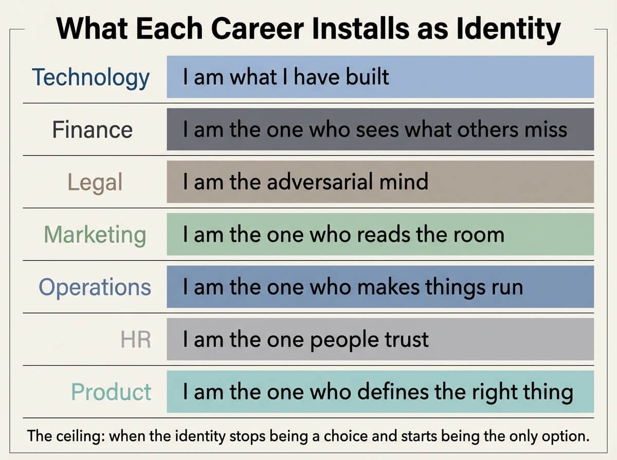 Diagram showing the identity each career function installs and where it becomes a constraint