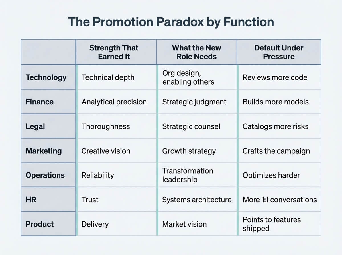 Table showing the promotion paradox for seven functions — the strength, the new demand, and the default under pressure