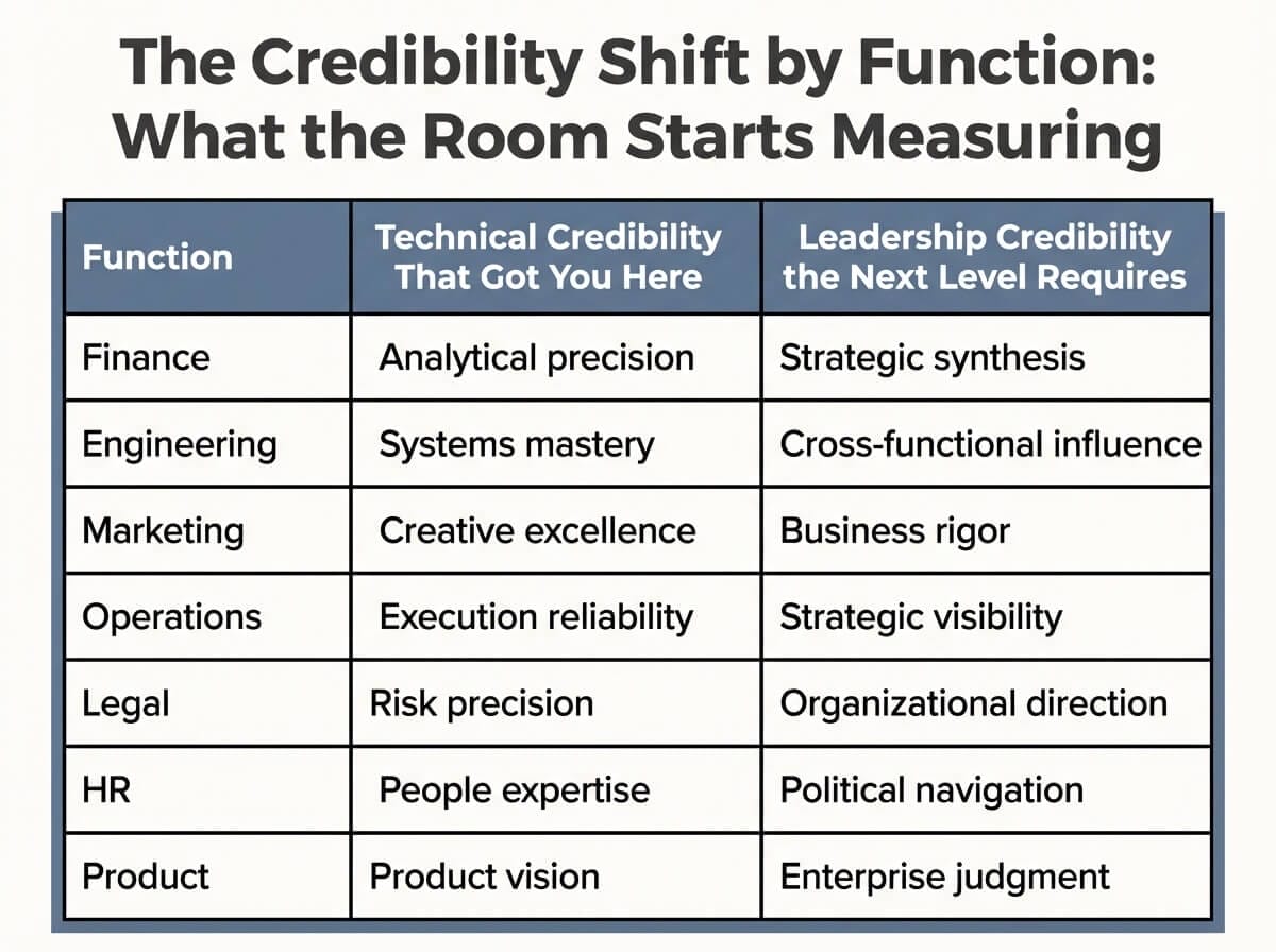 Table diagram showing the credibility shift by function, contrasting what technical credibility got each type of leader to their current level with what leadership credibility the next level requires