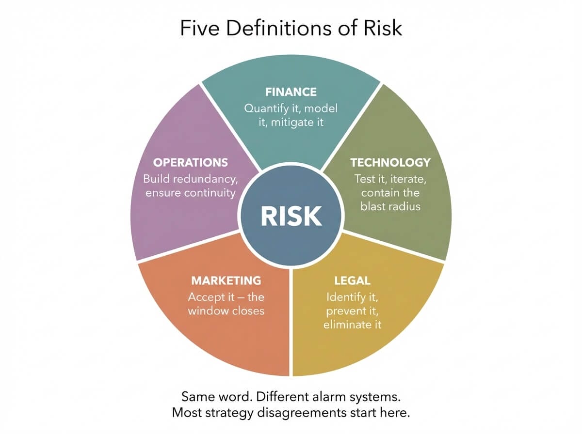 Radial diagram showing five functional definitions of risk — finance quantifies, technology tests, legal prevents, marketing accepts, operations contains