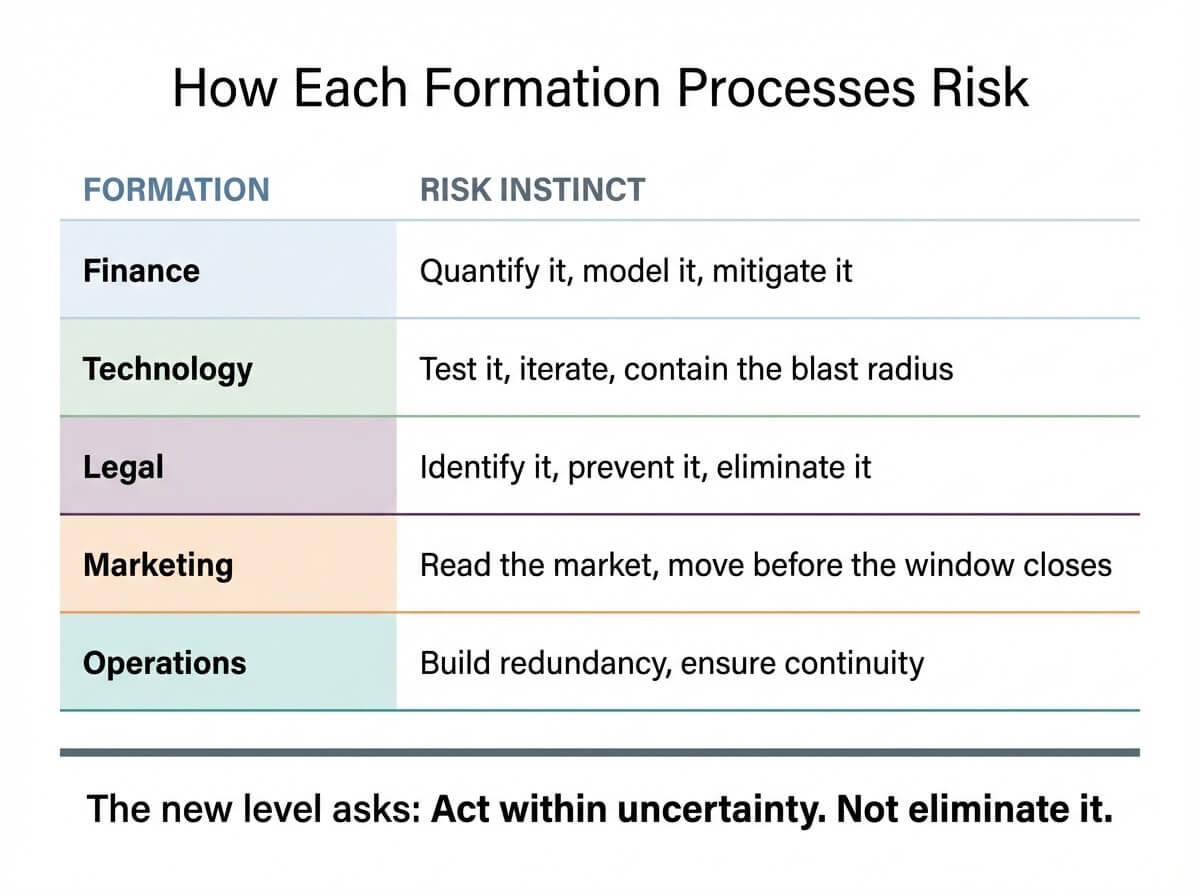 Diagram comparing how five functional formations process risk differently