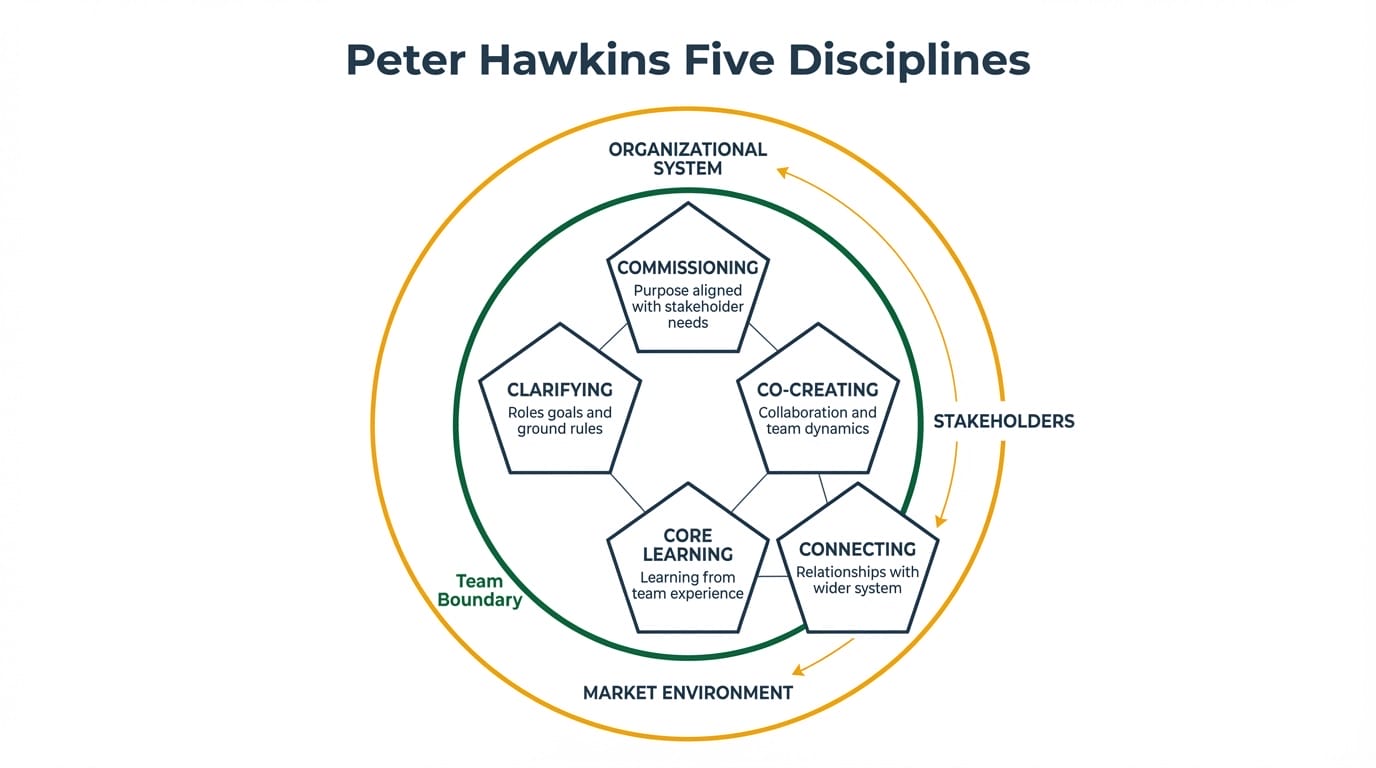 Diagram of Peter Hawkins' five disciplines of systemic team coaching showing commissioning, clarifying, co-creating, connecting, and core learning within the team-system boundary
