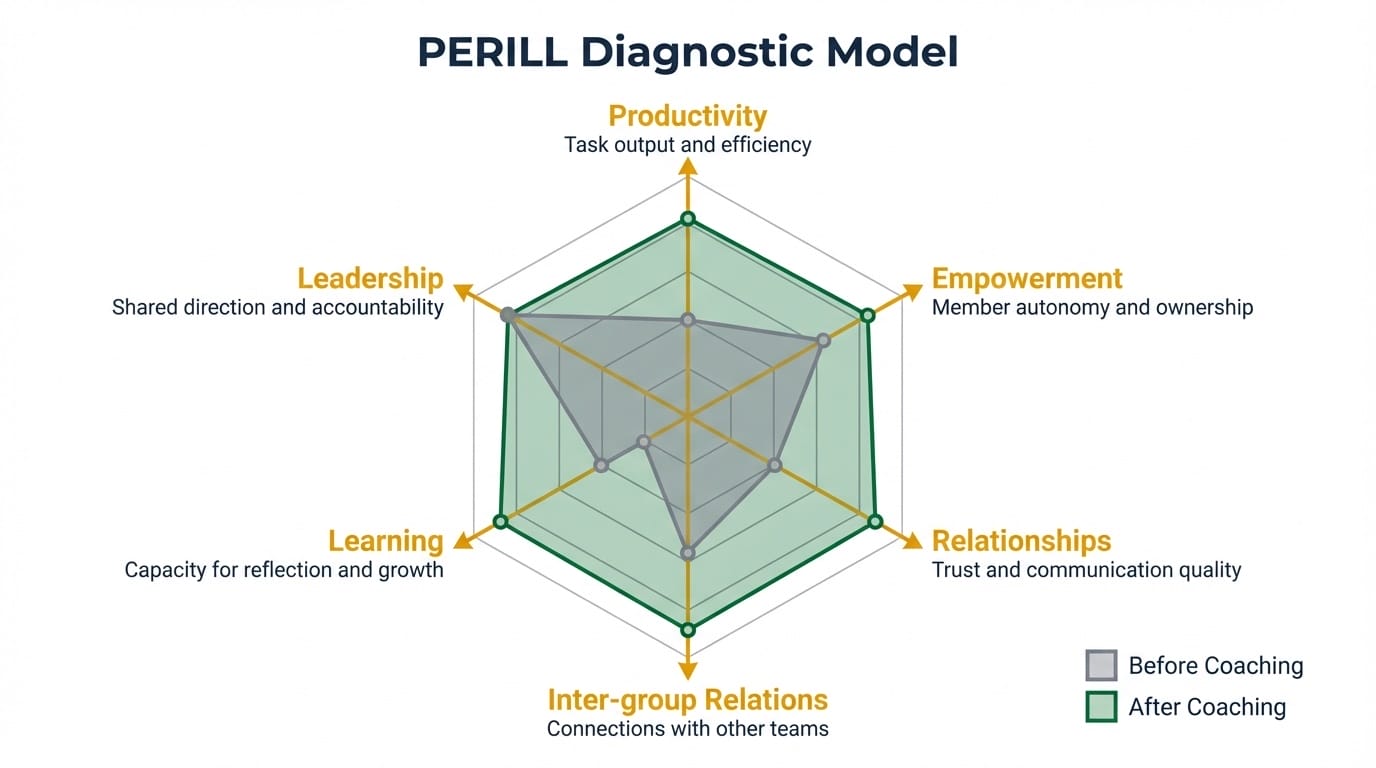 PERILL model radar diagram showing six team coaching dimensions with before and after systemic coaching profiles