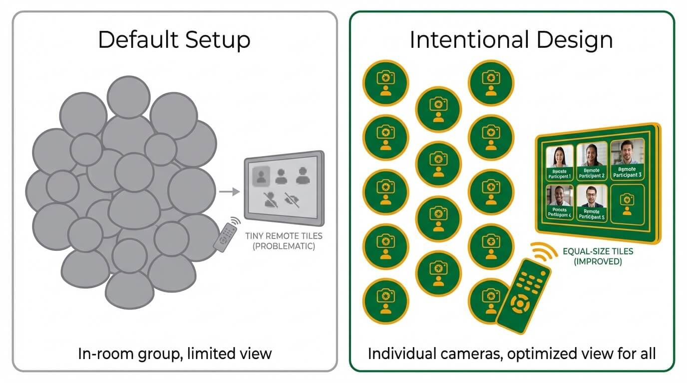 Before-and-after diagram comparing default hybrid meeting setup with an intentional design that equalizes remote and in-room participation