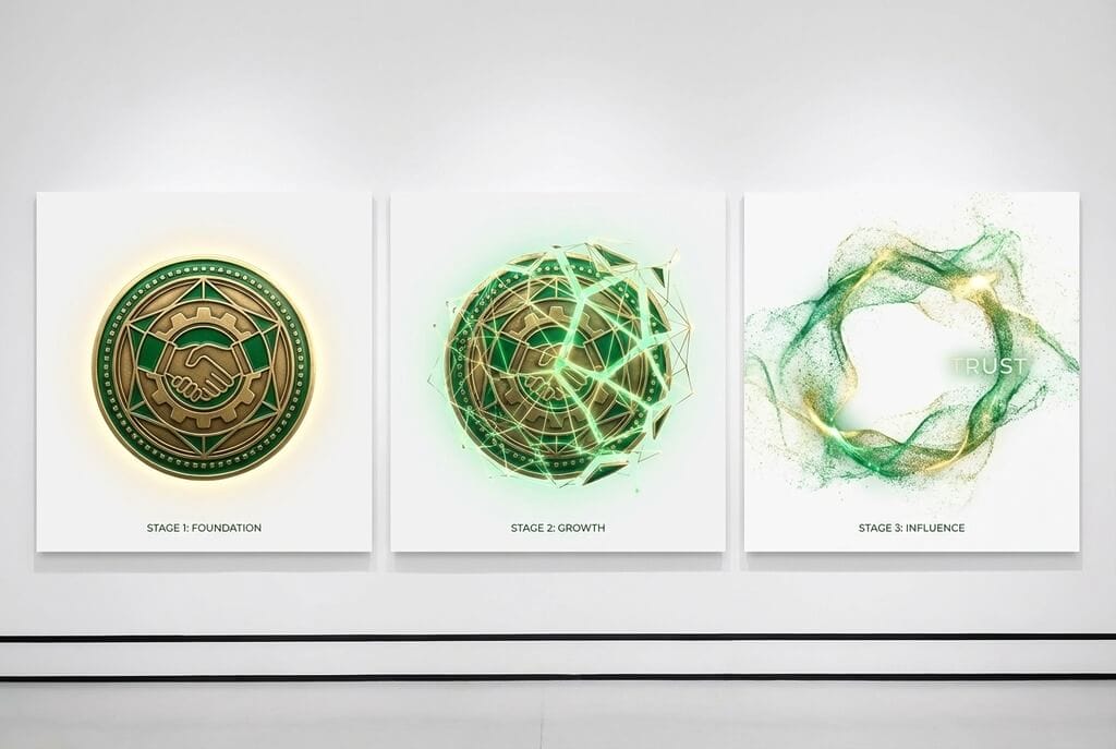 Abstract token transforming through three stages representing trust currency evolution across career levels - from detailed precision to expansive enterprise vision