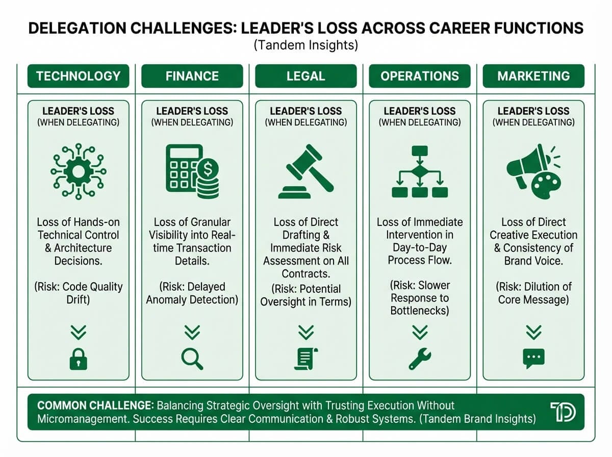 What delegation costs across five career functions: Technology loses craft identity, Finance loses certainty, Legal loses risk control, Operations loses reliability, Marketing loses creative ownership
