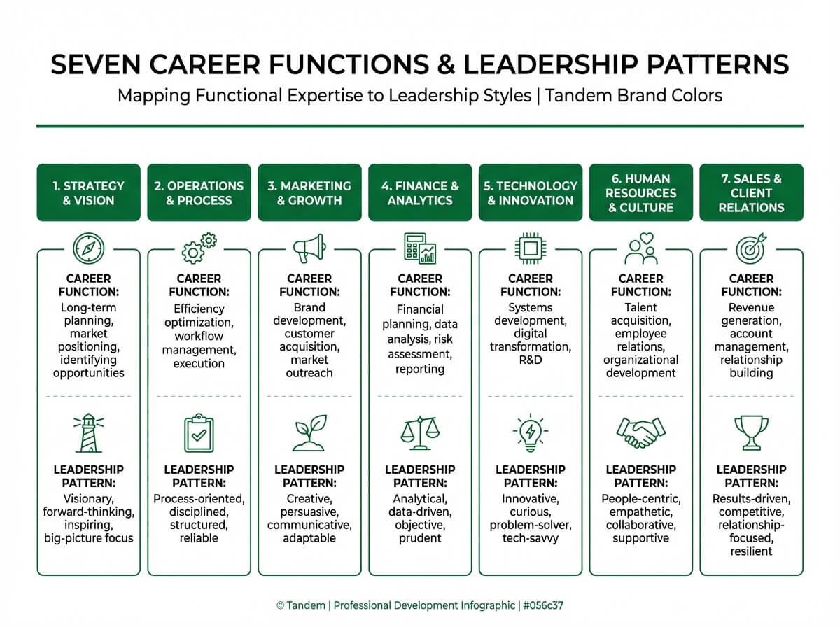 Seven functional roles and the leadership patterns each career installs, showing what each function builds as a strength and where it creates a ceiling