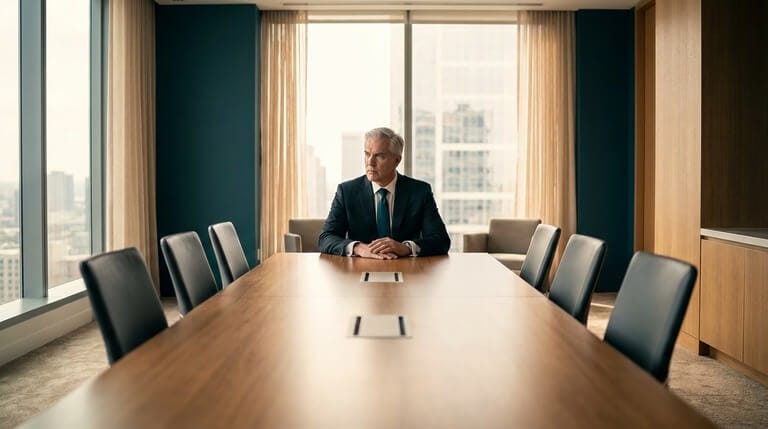 An executive seated alone at the head of a conference table in a quiet, orderly office - watchful, alert, scanning an empty room for something that isn't there